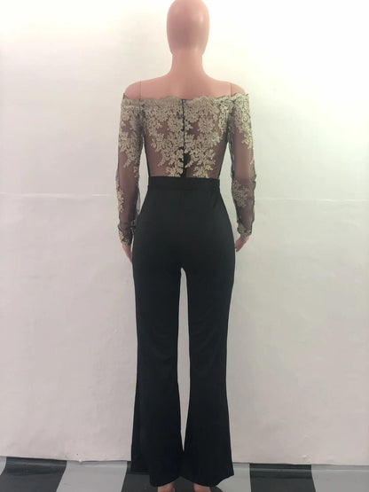 Womens Elegant Off Shoulder Long Pants Wide Leg Jumpsuits Floral Embroidery Lace See Through Cocktail Club Party Evening Rompers