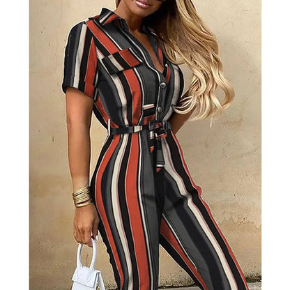2025 New Women's Jumpsuit Casual Workwear Summer Romper with Print Button-up Lapel Waist Belt Slim Fit One Piece Pants Set Fashi
