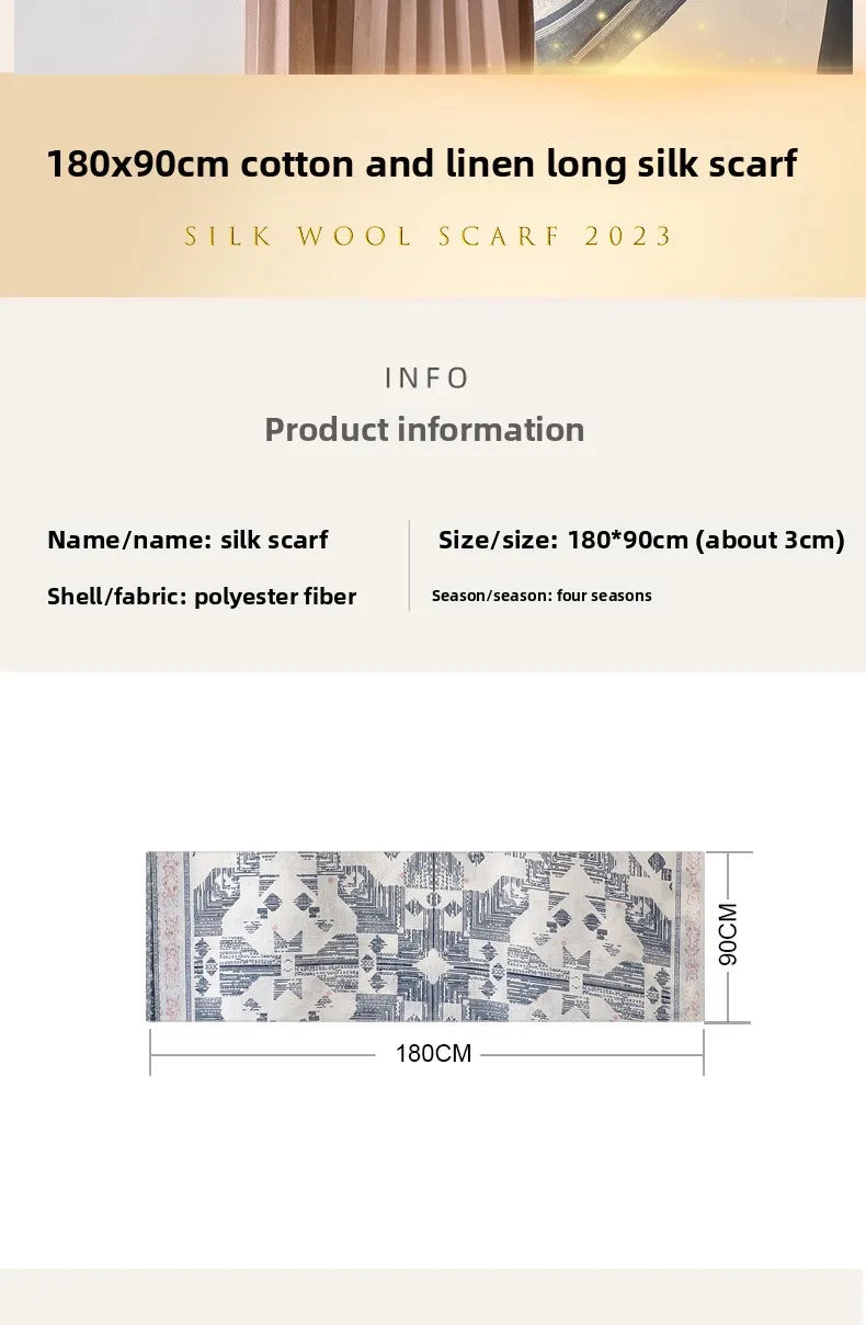 Sun Protection Silk Scarf Women's Retro Ethnic Style Cotton Linen Beach Holiday Wrap Shawl Outerwear Geometric Print Korean S...