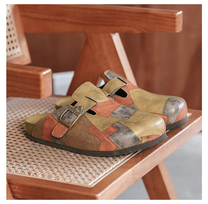 Unisex Cork Closed Toe Slippers Slip-on Clogs Slides Fashion Leather Sandals with Adjustable Buckle Backless Comfort Footbed