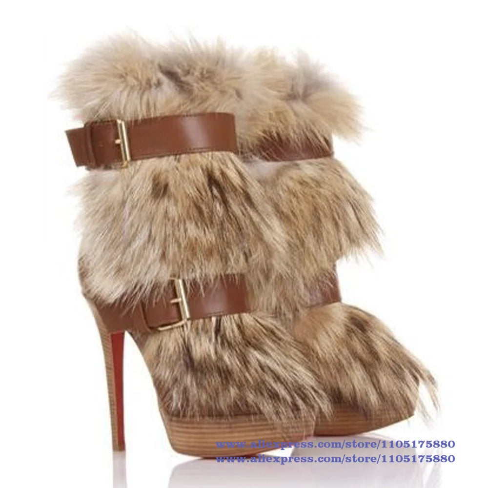 Brown Faux Fur Ankle Boots Belt Buckle Stiletto Heels Platform Zipper Women Shoes Novelty Designer Boots Party Botas Mujer