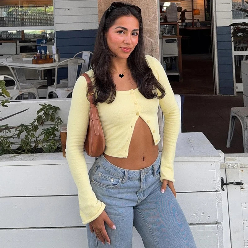 Hugcitar Fashion Square Collar Solid Long Flare Sleeve Buttons Sexy Crop T-Shirt Top Fall Women Outfit Streetwear Party Festival
