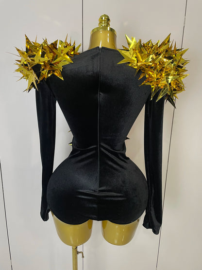 2025 New Shiny Black Rhinestone Velvet Long Sleeve Bodysuit Women Evening Party Club Gala Hosts NightClub Bar Stage Costumes