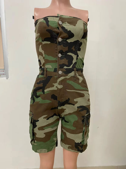 Camo Printed Women Shorts Jumpsuits Sleeveless Button Up Playsuit 2025 Summer New Streetwear Y2K Fashion Cargo One Piece Rompers