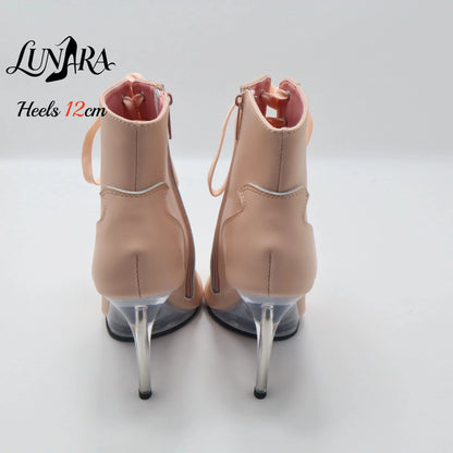 12cm/5Inch Plus size Beige PU Leather Lace-up Side zipper Peep toe High Stilettos Ankle boot Pole dancing Nightclub Rave Parties