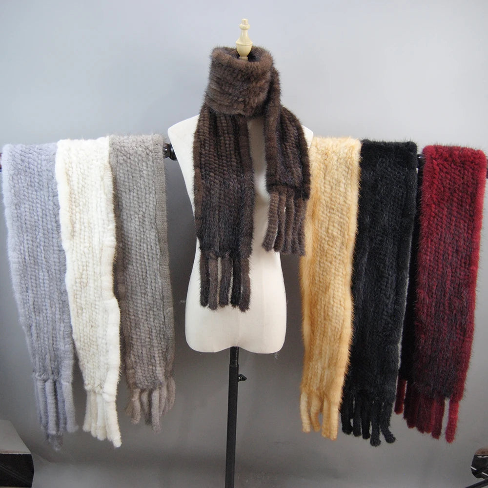 2026 Luxury Women Muffler 100% Real Mink Fur Scarf With Tassel Hand Knitted Natural Mink Scarves Neck Warmer Poncho Wholesale