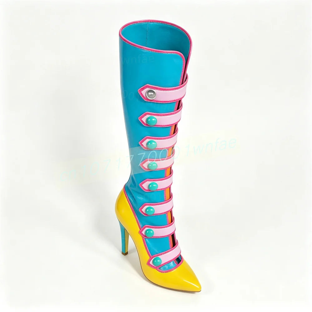 Women Color Block Knee High Boots Glossy Patent Leather Pointed Toe Stiletto Heels Multiple Strap Buckle Cosplay Fashion Shoes