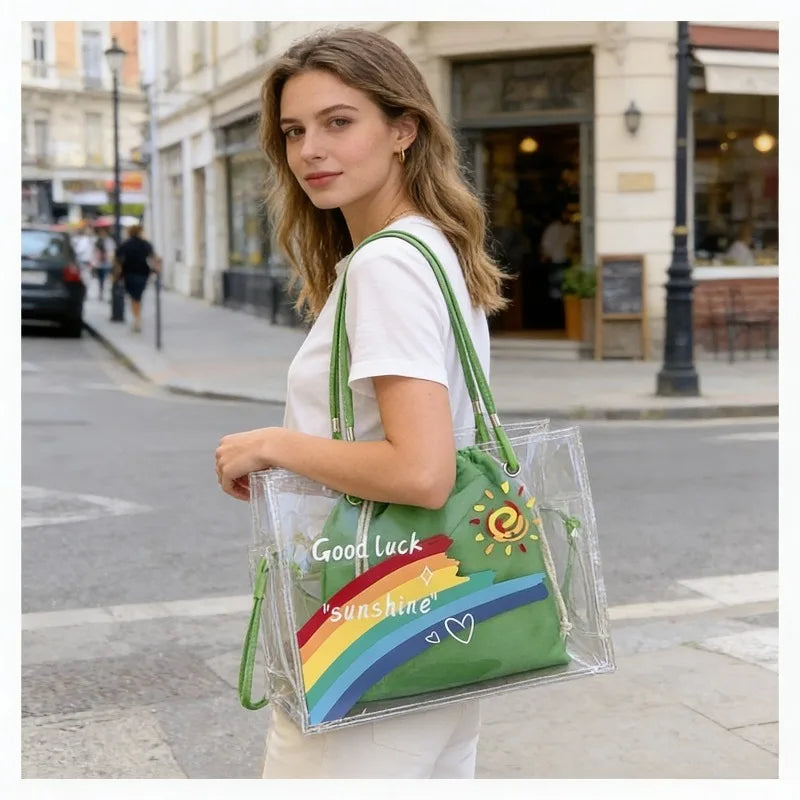 New FashionTransparent Tote Bag for Women Large Capacity Jelly Shoulder Handbag Versatile Casual Crossbody Bag for Spring Summer