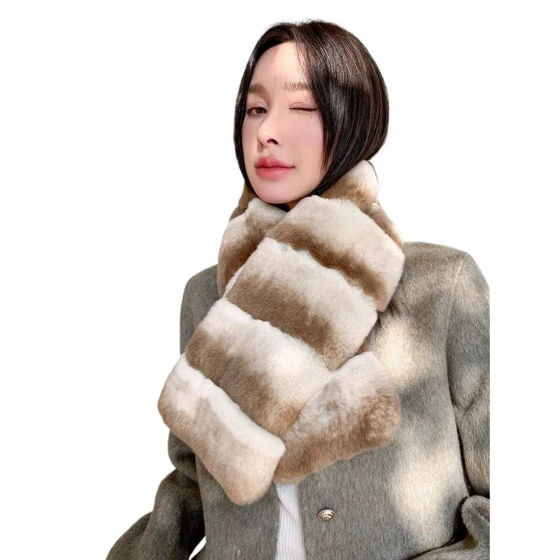 Winter new Rex rabbit hair scarf lazy casual versatile real plush warm fur scarf imitation chinchilla color women