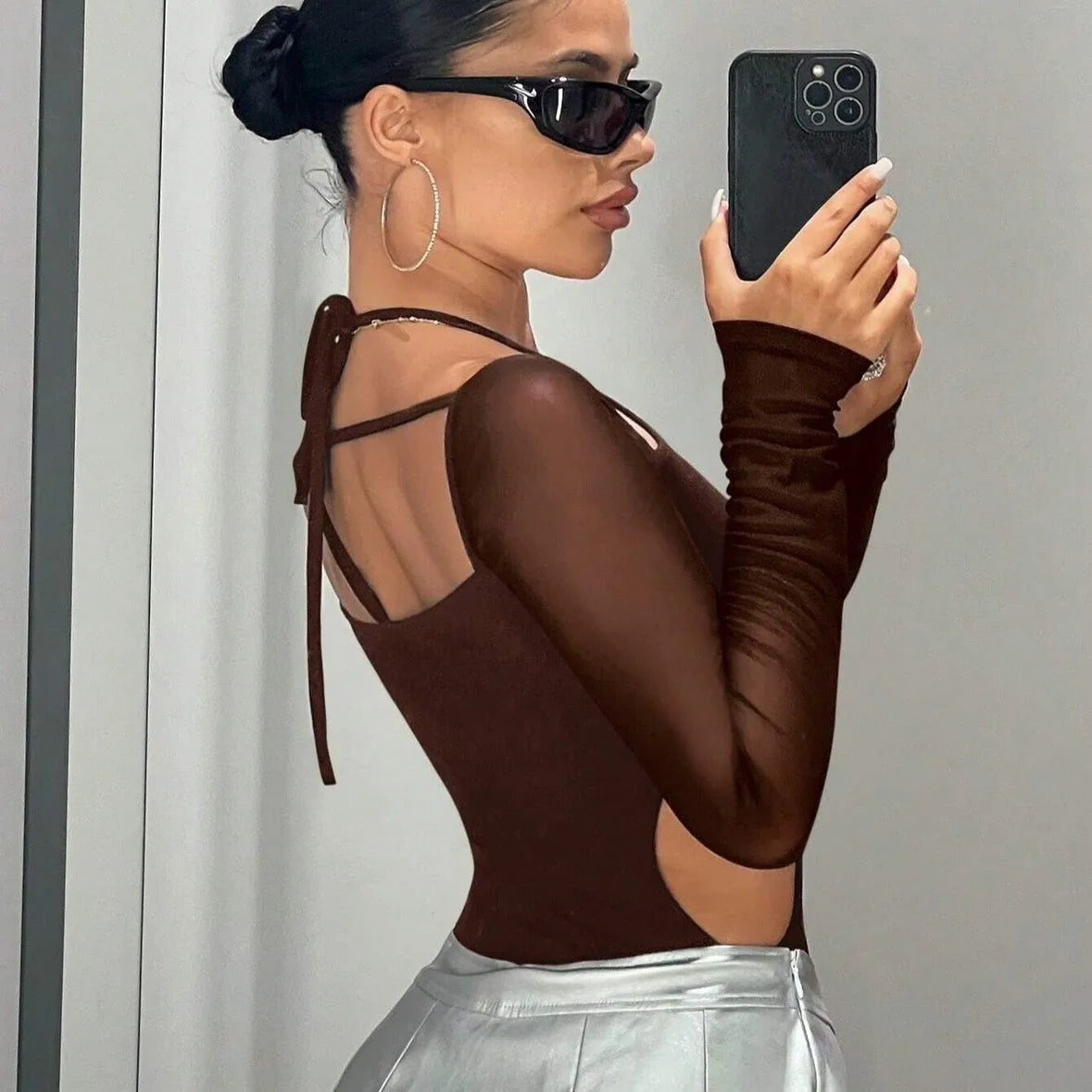 Sexy Spicy Hot Girl Women Brown Summer Design Sexy Hollow Out Long Sleeve Slimming Lace up Top Slim Fit Jumpsuit Fashion Summer