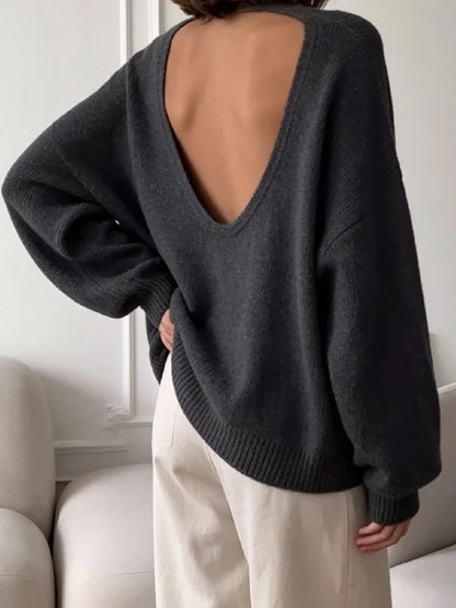 Casual Knitted Sweater Round Neck Open Back Long Sleeves Loose Pullover 2026 Autumn Fashion Daily Versatile Cardigan Top Outfit