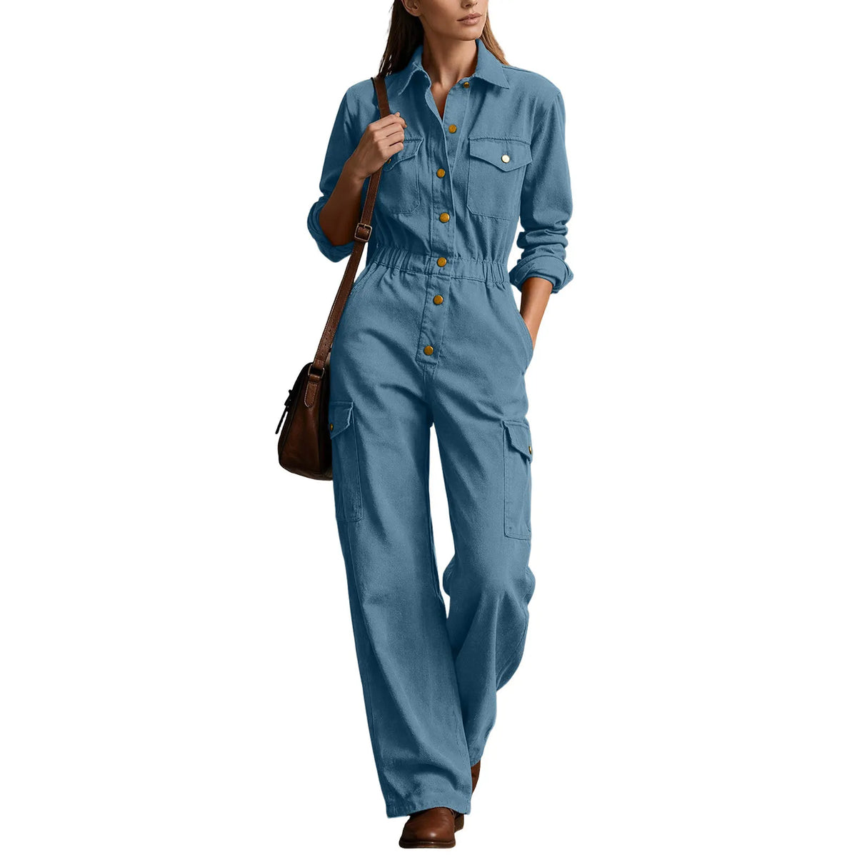 Casual Lapel Button High Waist Romper Autumn Fashion Lady Pocket Playsuits Overalls Vintage Long Sleeve Wide Leg Jumpsuits