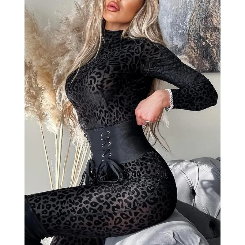 Flocking See-through Jumpsuit Rompers High Waist Trend Slim-Fit Bodycon Jumpsuits Women Long-Sleeved Sexy Skinny Sexy Jumpsuits