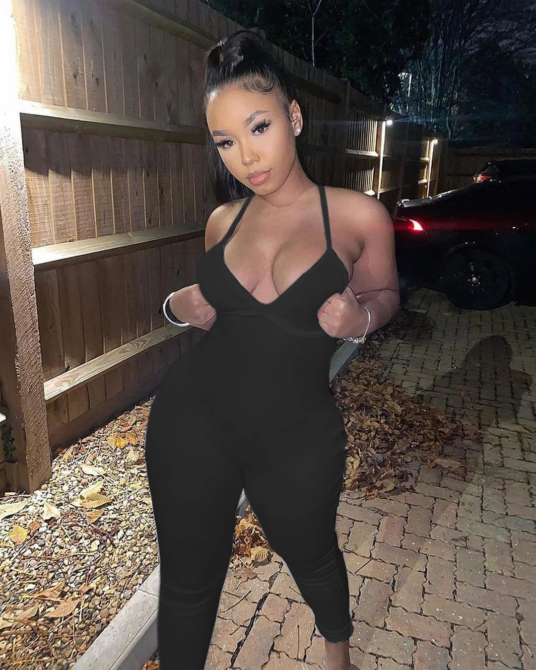 Women's solid color ribbed camisole back jumpsuit casual yoga jumpsuit