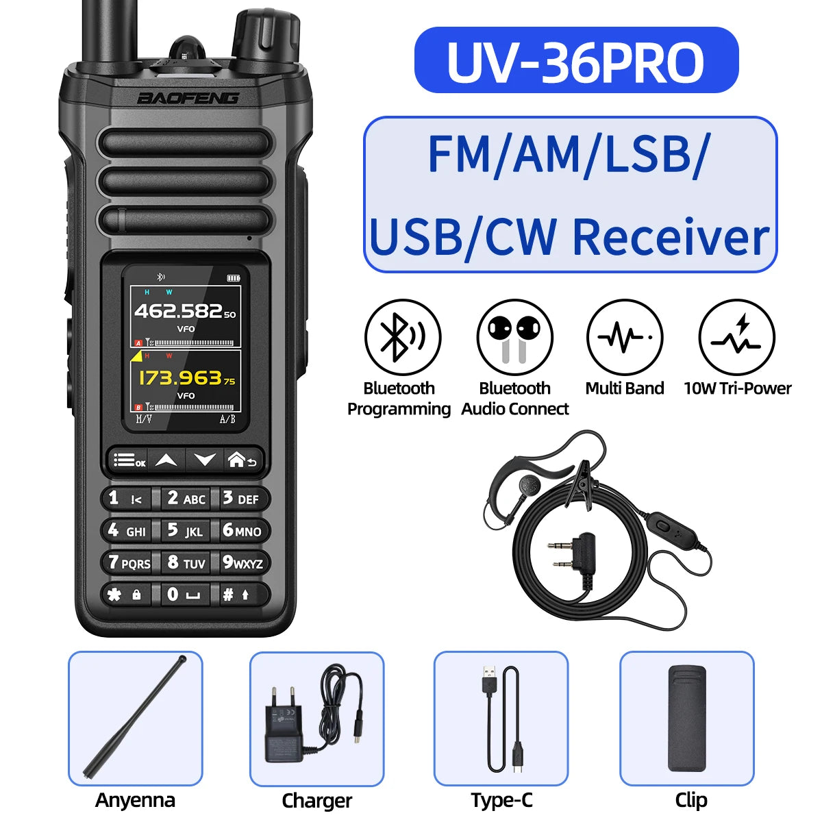 BAOFENG UV-36 PRO Walkie Talkie Dual-mode Bluetooth Audio Multi Band Receiver FM/AM/LSB/USB/CW VOX NOAA Ham Radio for Camping