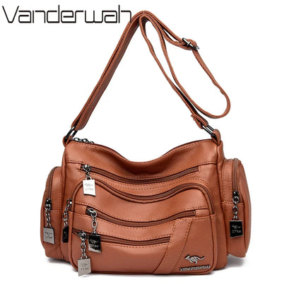 Many Pockets Women Leather Top-handle Bag Luxury Designer Female Shoulder Messenger Shopper Bags Brand Ladies Crossbody Handbags