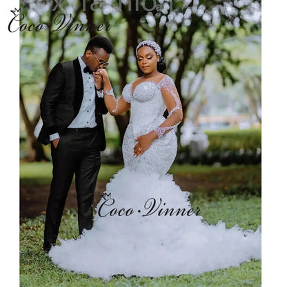 Customized Africa Luxury Mermaid Wedding Dress For Women 2026 New Long Sleeves With Heavy Beading Sequin Lace Bride Dress W1381