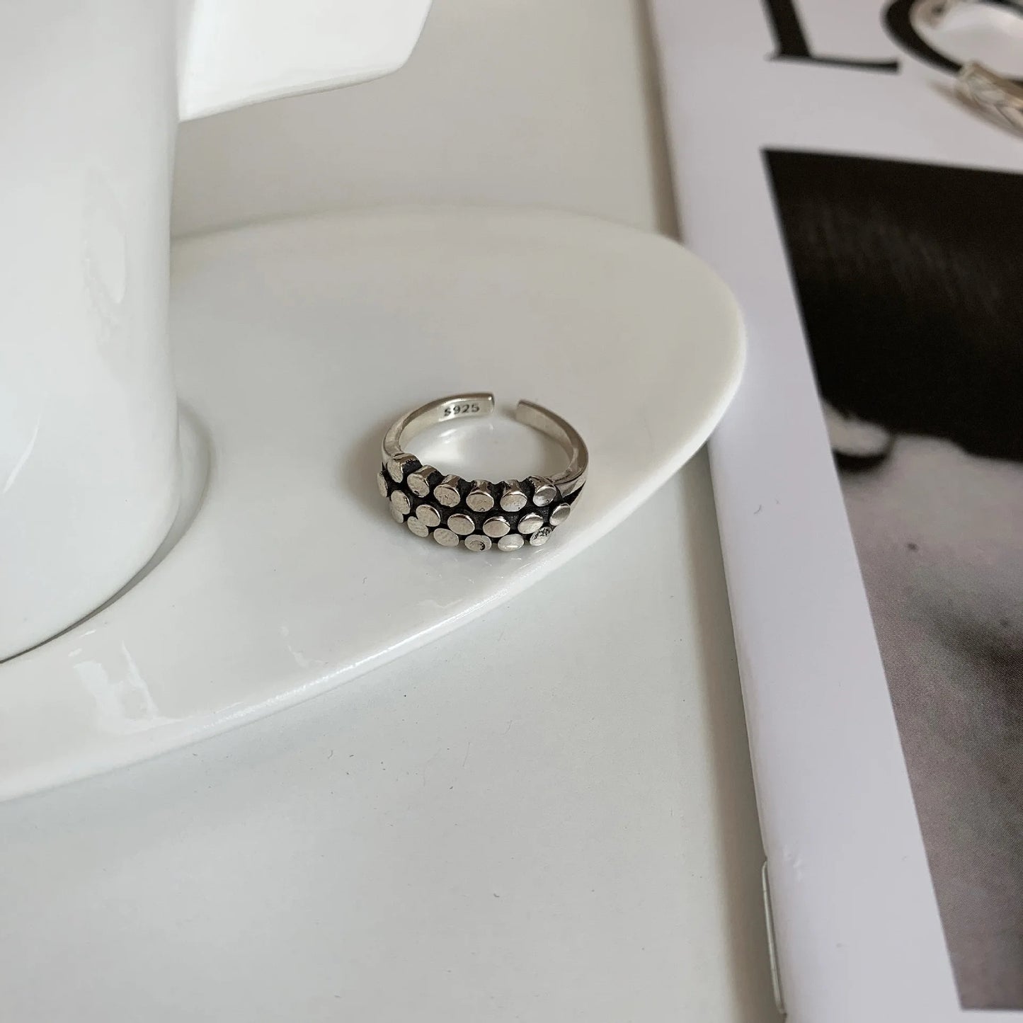 VENTFILLE 925 Sterling Silver Geometric Multilayer Round Bead Ring Female Fashion Punk Temperament Prevent Allergy Charm Jewelry