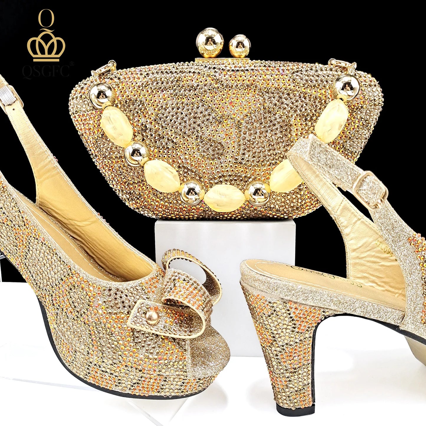 Nigeria Design Open Toe High Heels & Bag Set Gold Color Blocking Hot Rhinestones Fashion Sexy High Heels