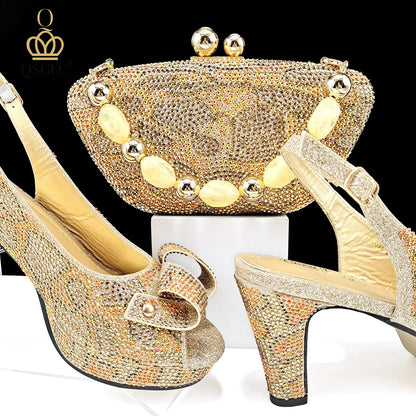 Nigeria Design Open Toe High Heels & Bag Set Gold Color Blocking Hot Rhinestones Fashion Sexy High Heels