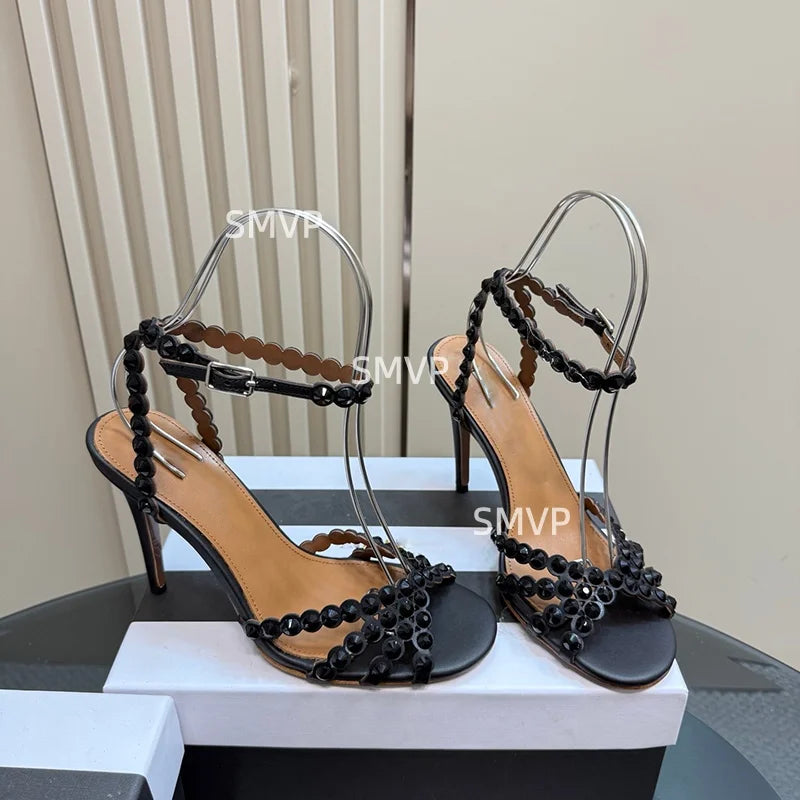 Women Crystal Rhinestone High Heel Sandals 2026 Summer New Toe Ankle Strap Thin Heels Transparent Silver Party Wedding Shoes