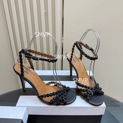 Women Crystal Rhinestone High Heel Sandals 2026 Summer New Toe Ankle Strap Thin Heels Transparent Silver Party Wedding Shoes