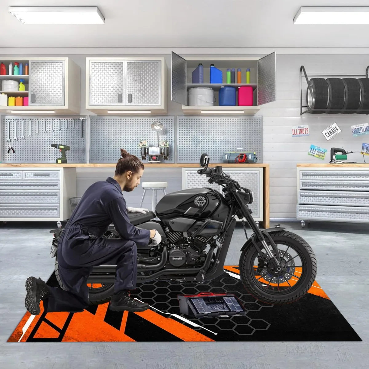 VIKAMA Cool Mecha Motorcycle Display Rug: Durable, Stain-Resistant Hallway and Aisle Mat for Motorcycle Parking and Home Decor