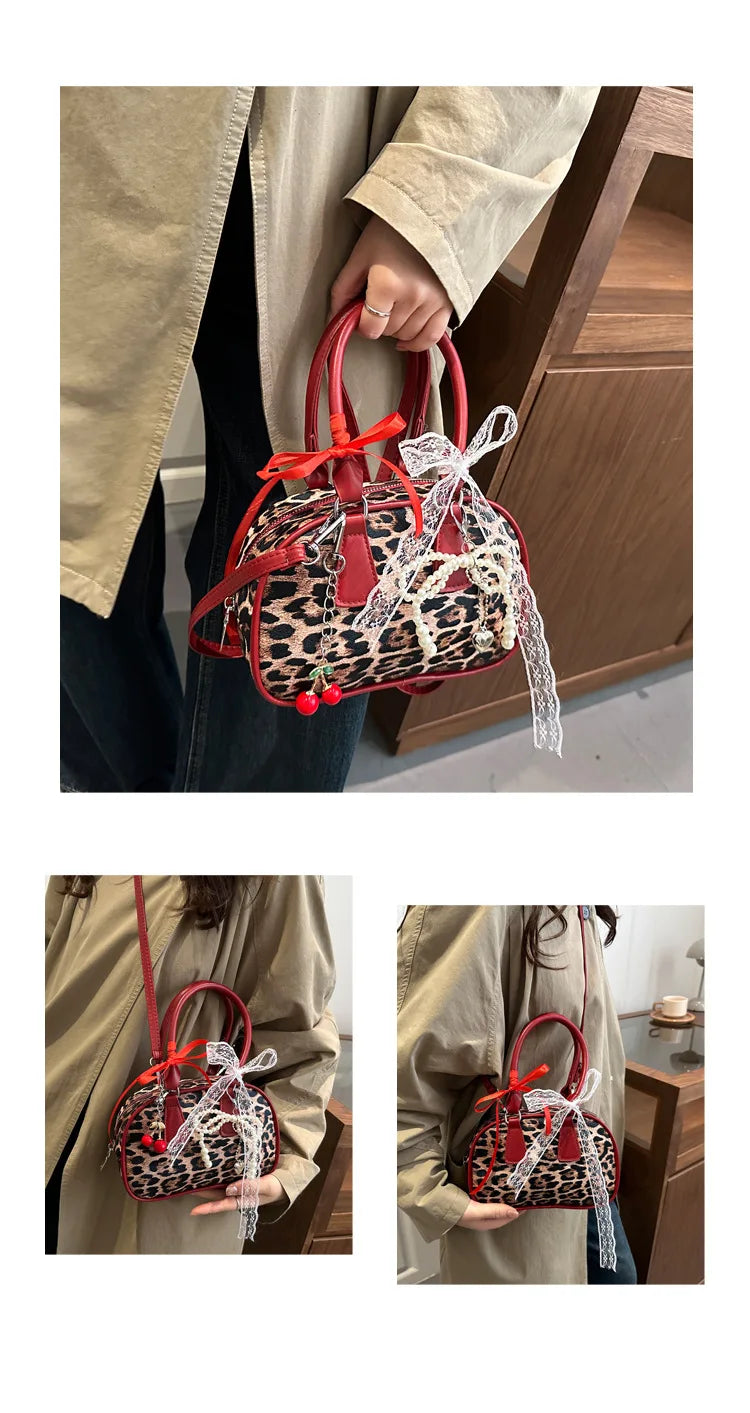 Vintage Leopard Pu Shoulder Bags for Women Portable Trendy Ladies Crossbody Bag Lace Pearl Pendant Female Bowling Handbags