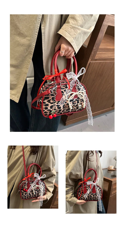 Vintage Leopard Pu Shoulder Bags for Women Portable Trendy Ladies Crossbody Bag Lace Pearl Pendant Female Bowling Handbags