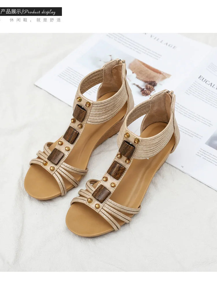 High quality leather flat sandals for women 5cm mid heel with beading summer 2026 36 42 open toe casual vintage shoe black beige