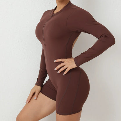 Seamless Yoga Zipper Jumpsuits Sports Fitness Beauty Back Hip-Lifting Long-Sleeved One-Piece Workout Gym Bodysuits for Women