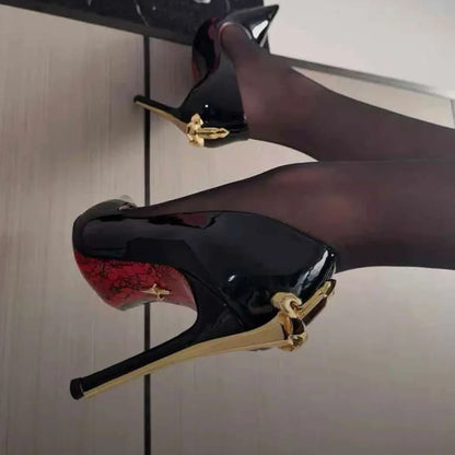 Early Spring New Women's High Heels, Slim Heels, Pointed Metal Sword, sexy Ladies, Black Patent Leather Single Shoes