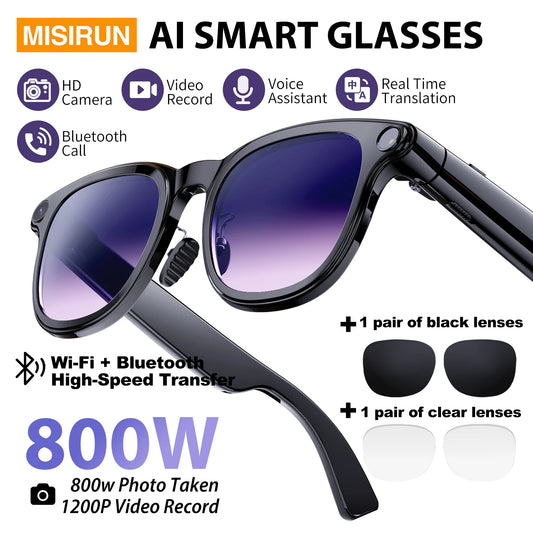 AI Smart Glasses 800W HD Camera Photo Video Record Voice Assistant Real-time Translation Waterproof Chat GPT Music Smart Glasses