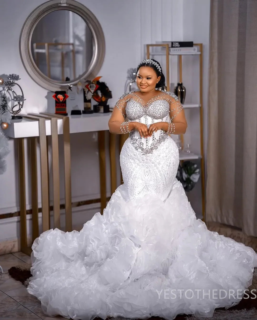 Customized Plus Size Wedding Dress For Bride Mermaid Wedding Dresses Bridal Gowns Long Sleeves Crystals Beaded Lace Pearls