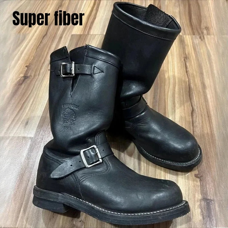 Dark Brown Suede Work Boots Men's and Women's Engineer Ort Shoes American Retro Moto Boots Faded Mid-Calf Shoes Motocross Boots