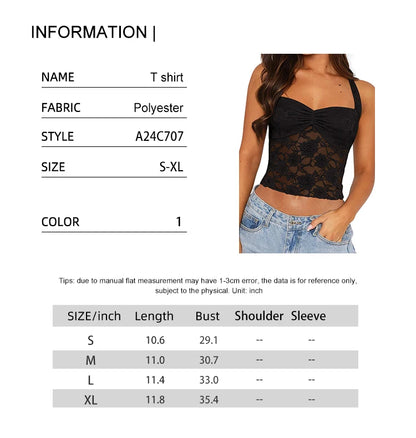 Spring/Summer 2025 New Arrival Women's Y2K Style Sleeveless Lace-Trimmed Fitted T-Shirt Lace-Tie Plain-Colour Tank Top
