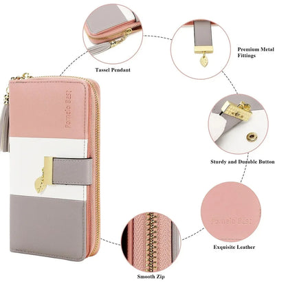 Pomelo Best Tri-color Women's Wallet Zipper Long Billfold PU Leather Large 9 Card Slots Coin Purse RFID Blocking Tassel Pendant