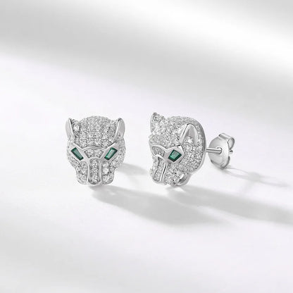 ALLNOEL 100% 925 Silver Stud Earrings For Women Leopard Head Green CZ Eye Panther Animal Jewelry Hip Hop Punk Gift Wholesale