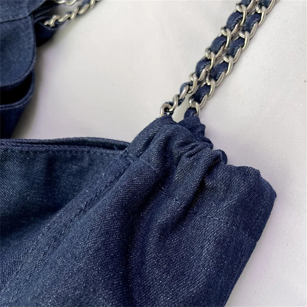 Chic Style Big Chain Shoulder Tote Bags For Women 2023 Luxury Designer Handbags Denim Fabric Pure Color Large Capacity Shoppers