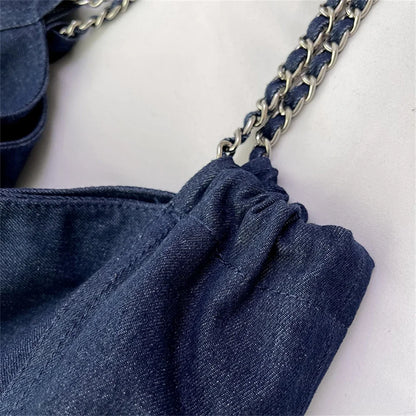 Chic Style Big Chain Shoulder Tote Bags For Women 2023 Luxury Designer Handbags Denim Fabric Pure Color Large Capacity Shoppers
