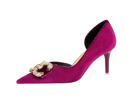 BIGTREE Party Pumps 7cm Thin High Heels Western Style Velvet Shallow Pointed Toe Side Hollow Crystal Pearl Bow Lady Shoes Pink
