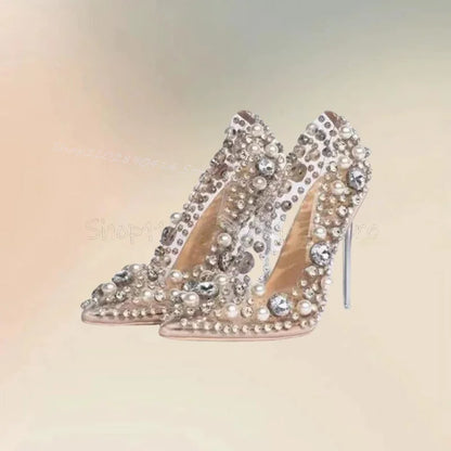 Pearl Rhinestone Decor PVC Pointed Toe Pumps Slip On Women Shoes Thin High Heels Fashion Party Banquet 2024 Zapatos Para Mujere