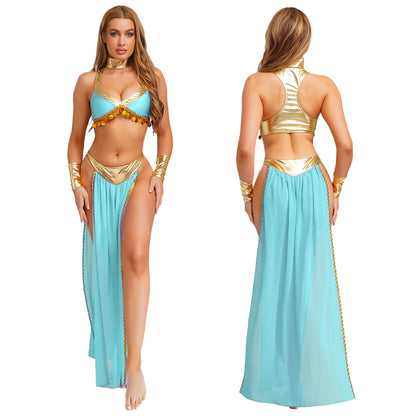 Women Ancient Egyptian Queen Cosplay Outfits with Collar Crop Top with Chiffon Skirt Metallic Shiny Indian Belly Dance