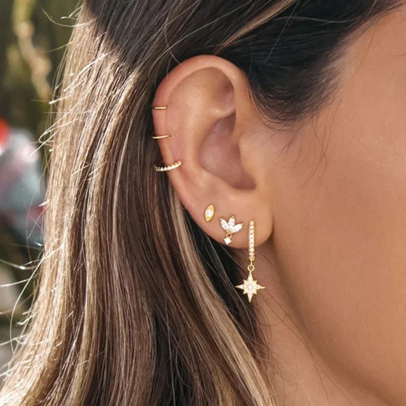White Color Zircon Hoop Earrings 925 Sterling Silver Needle Cross/Star/Flower/Water Drop Pendant Gold Earrings Luxury Jewelry