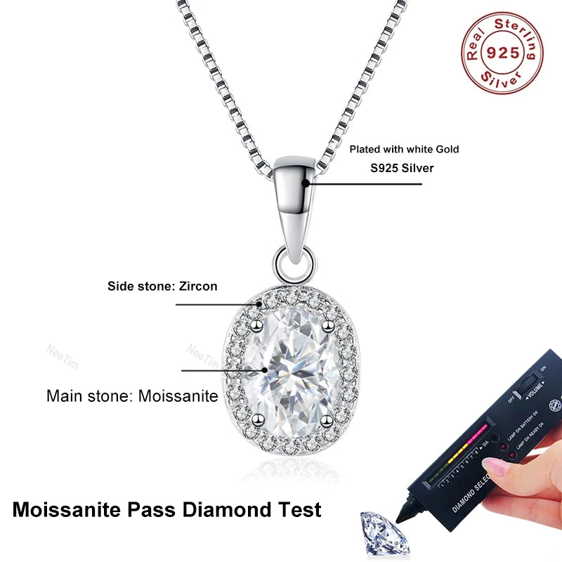 NeeTim Oval Cut Moissanite Necklace Pendant s925 Sterling Silver Necklace Box Chain Necklace Gift for Women Girl Wedding Jewelry