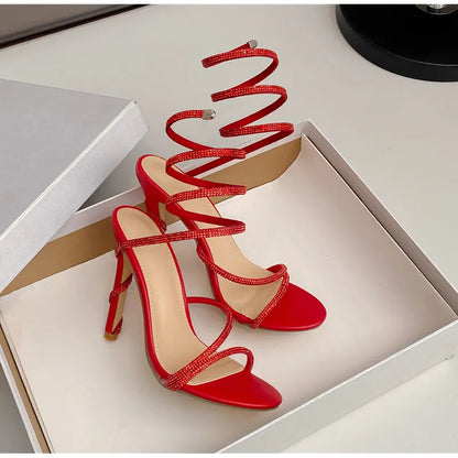 Luxury Crystal Snake Coiled Women Sandals Sexy Narrow band Thin High heels Wedding Party Female Gladiator Sandals Summer Shoes