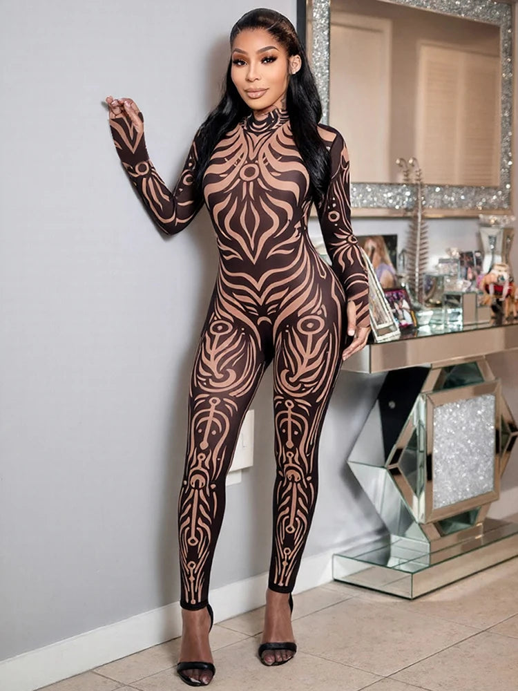 Sisterlinda Sexy Fashion Print Jumpsuits Woman Turtleneck Full Sleeve See Through Skinny Peach Hip Street Wild Style Overalls