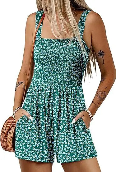 Femmes Print Jumpsuit Fashion Boho Beach Party Jumpsuits Lady Casual Sleeveless Pockets High Waist Shorts Jumpsuits Summer New