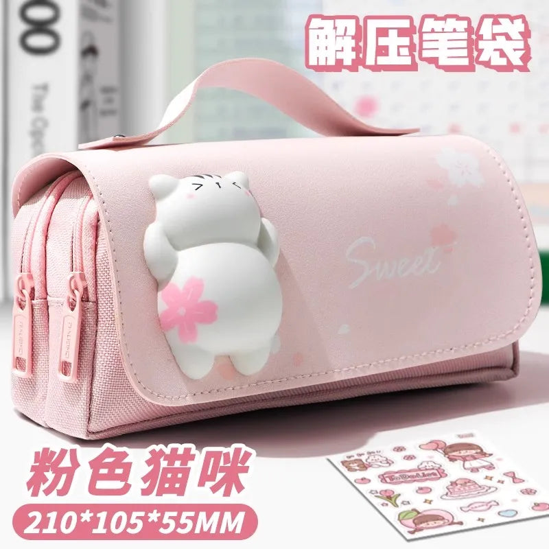 Green Panda Pencil Bag Large Capacity Stationery Pen Case Bear Dog Cat Handle Storage School Supplies Gift Box PU Ruler Holder A