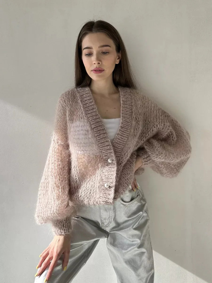 Women Knitting Cardigan 2026 New Women Mohair Knit Cardigan Hollow Out Sheer Long Sleeve Casual Knitted Outerwear Sweater